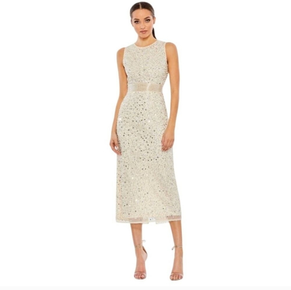 MAC DUGGAL Dress Size 4 Evening Gown Sequin NEW Midi Cream Silver Geometric